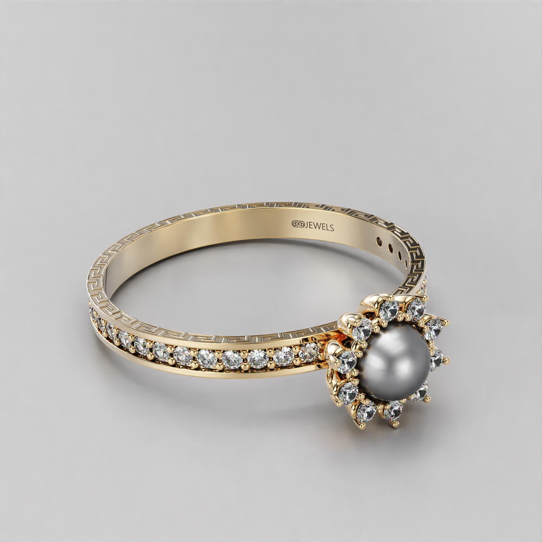 pearl wedding ring with greek key motif in gold, photo 10