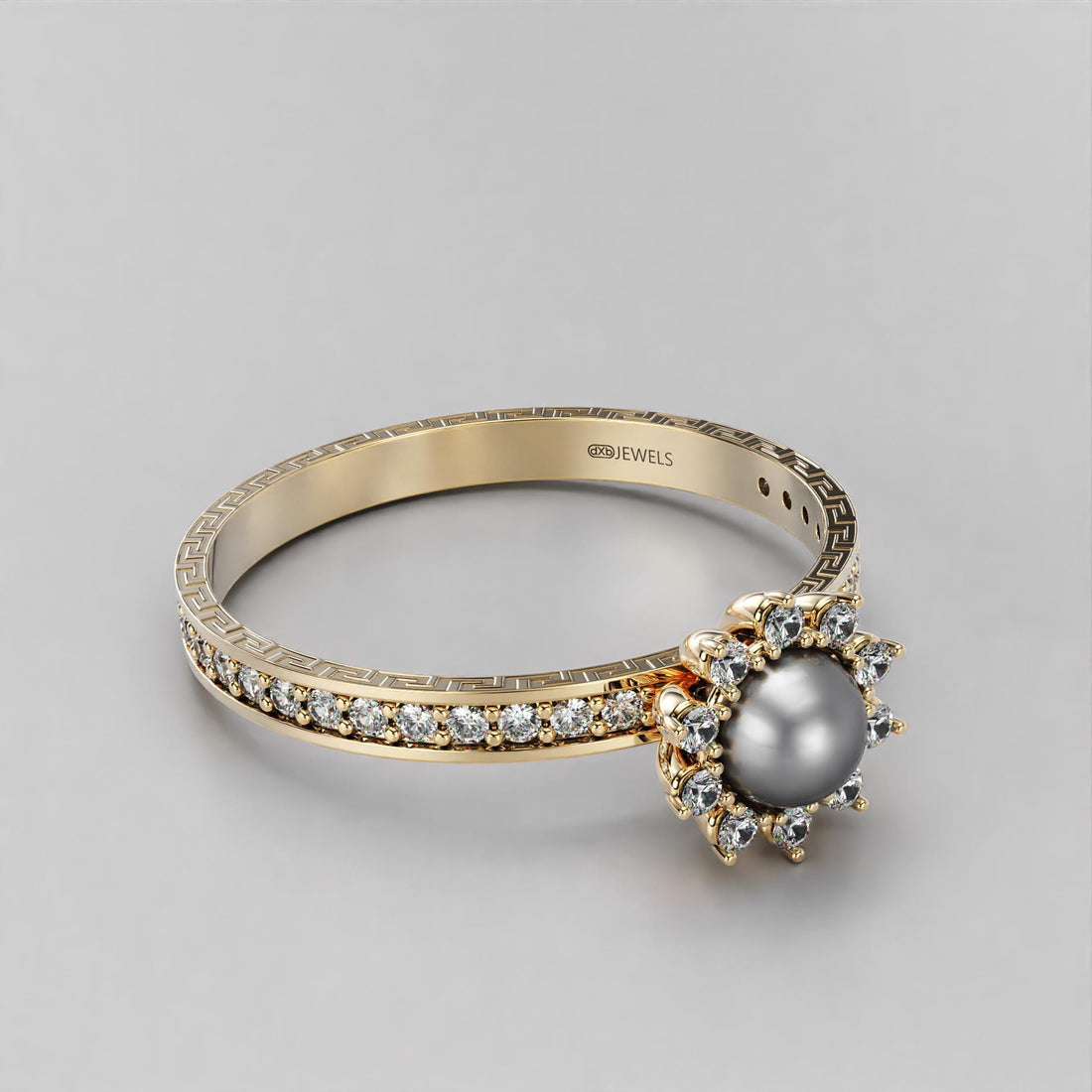 pearl wedding ring with greek key motif in gold, photo 10