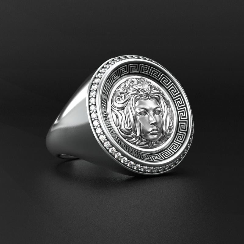 medusa two-tone gold signet ring with black enamel and greek key motif, photo 7