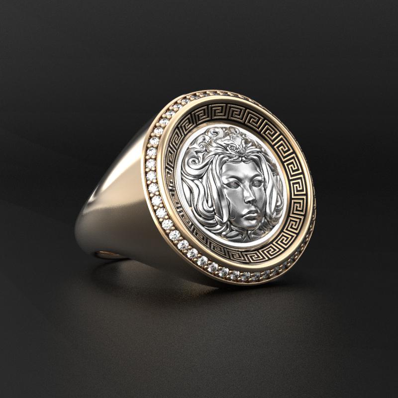 medusa two-tone gold signet ring with black enamel and greek key motif, photo 8