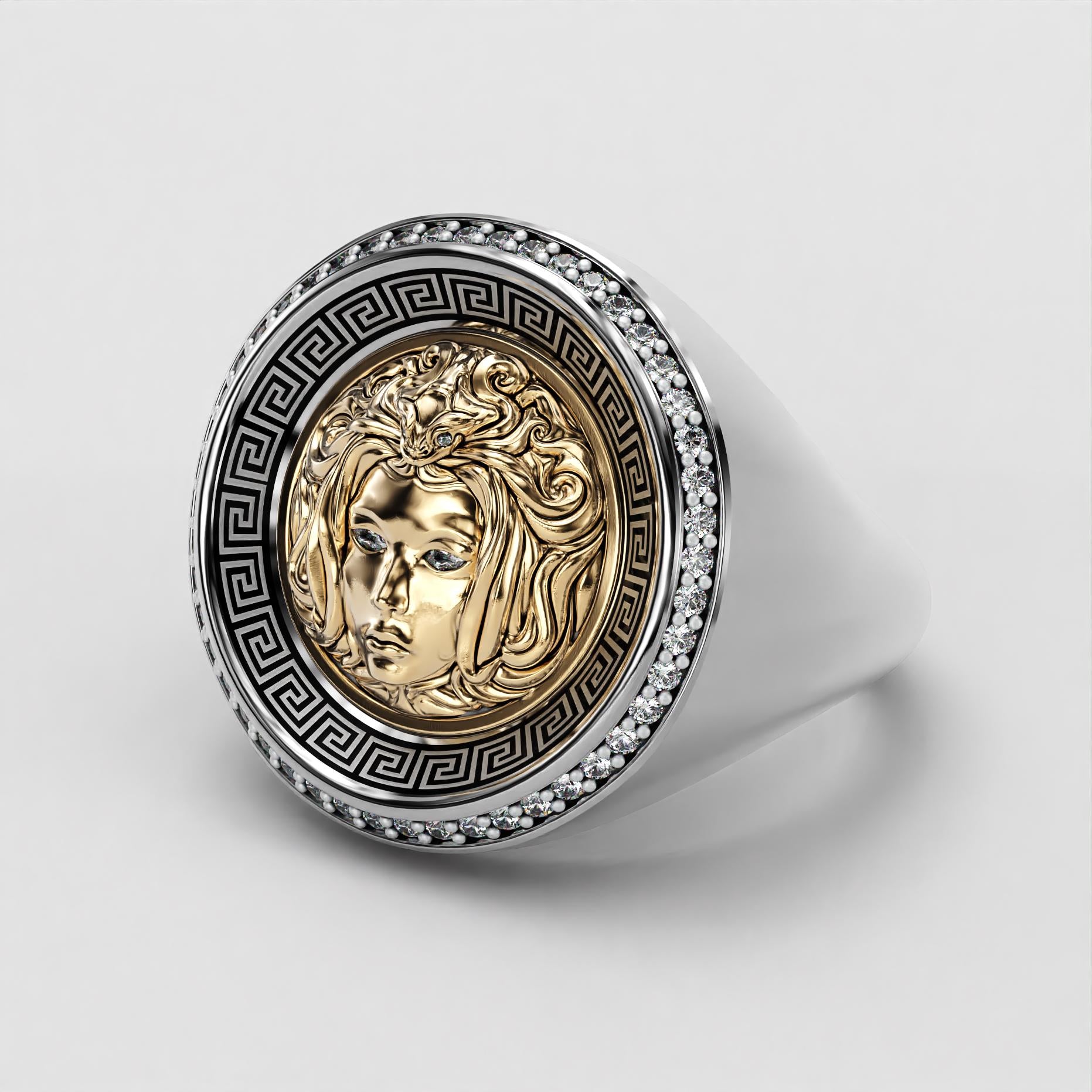 medusa two-tone gold signet ring with black enamel and greek key motif, photo 2