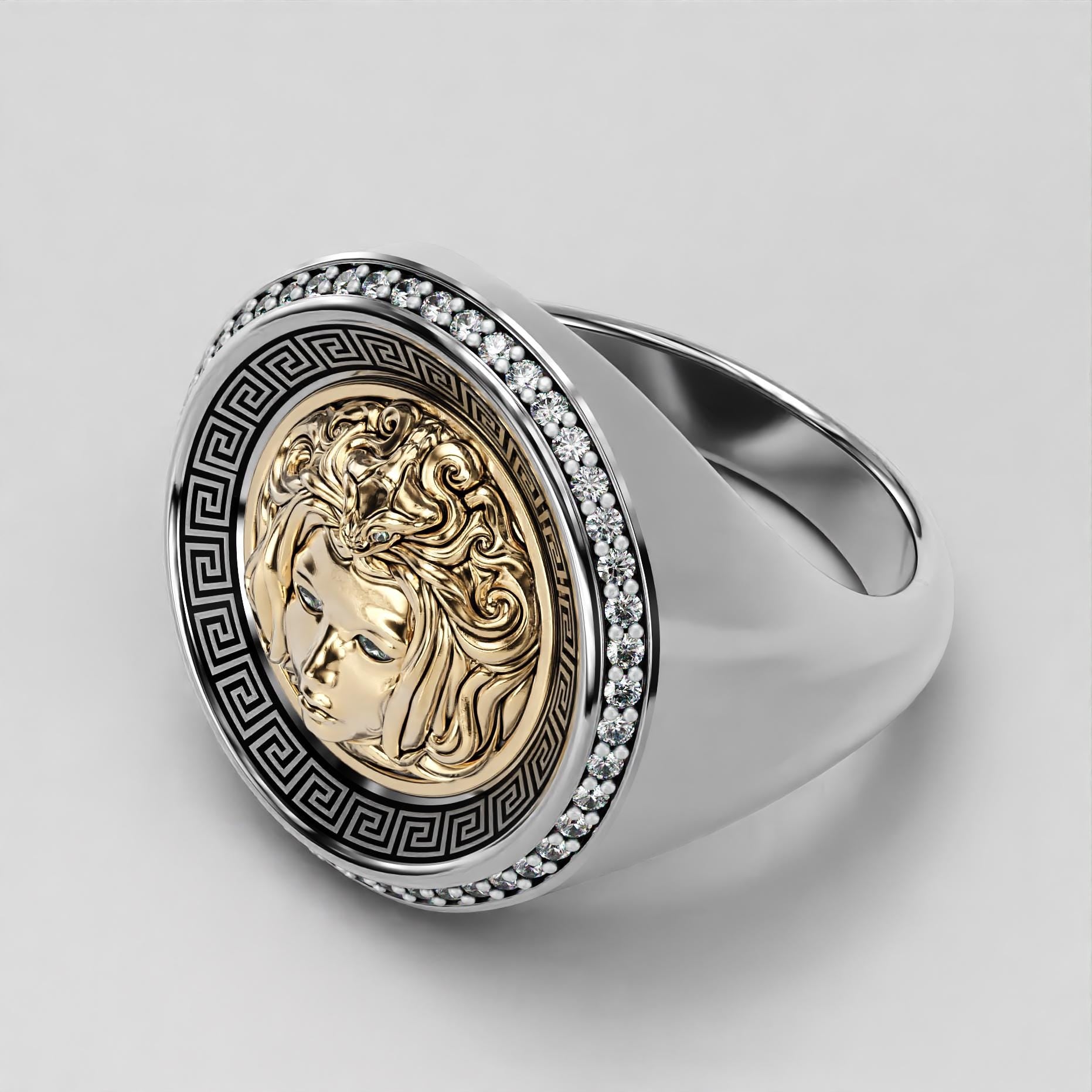 medusa two-tone gold signet ring with black enamel and greek key motif, photo 5
