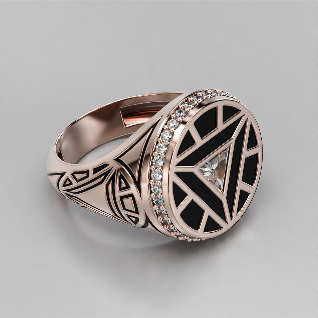arc reactor signet ring with triangle stone, halo and black enamel, photo 9