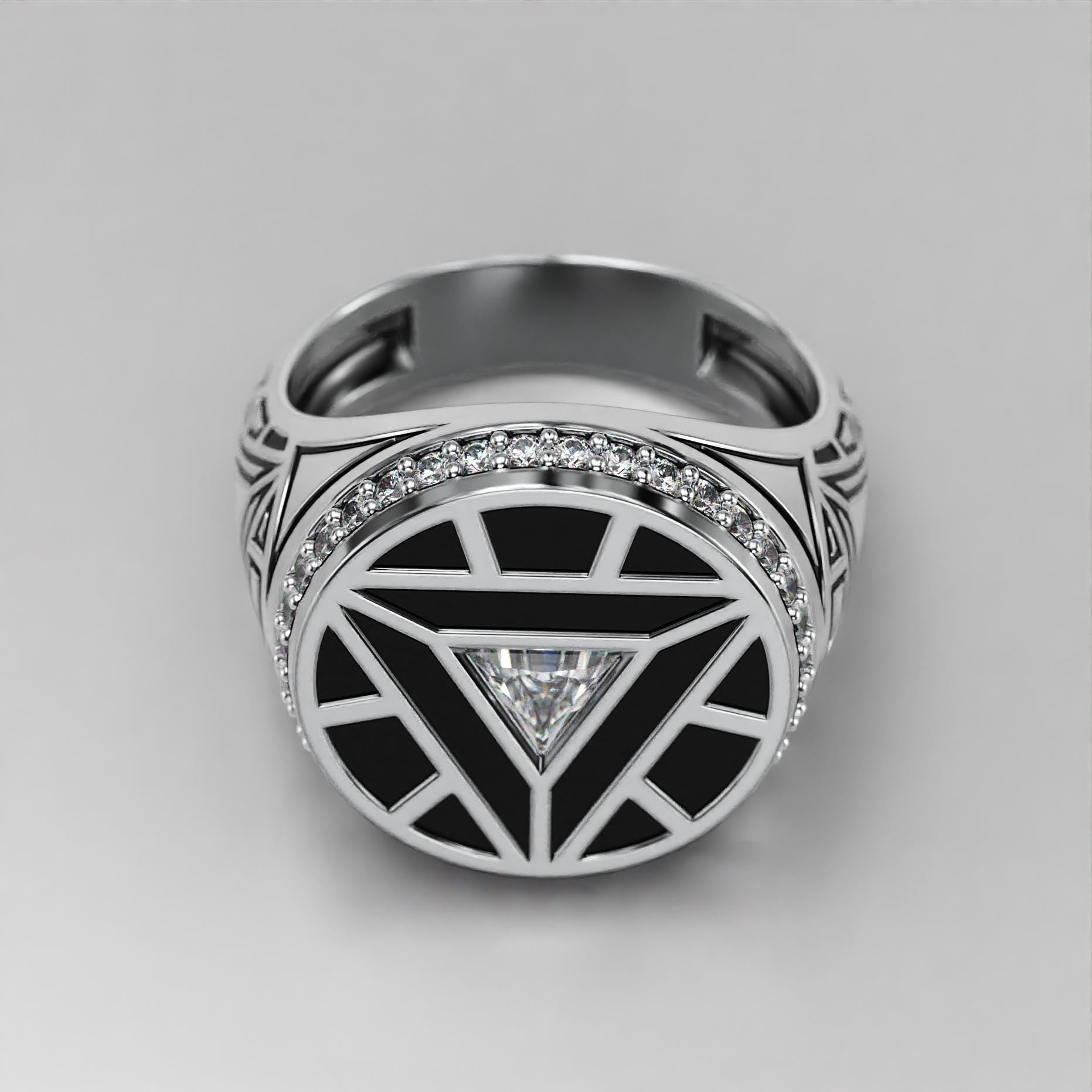 arc reactor signet ring with triangle stone, halo and black enamel, photo 2