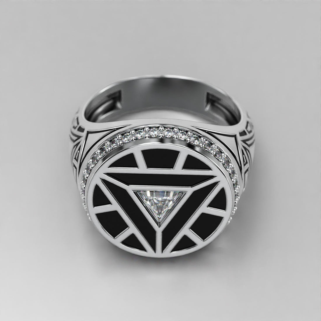 arc reactor signet ring with triangle stone, halo and black enamel, photo 2