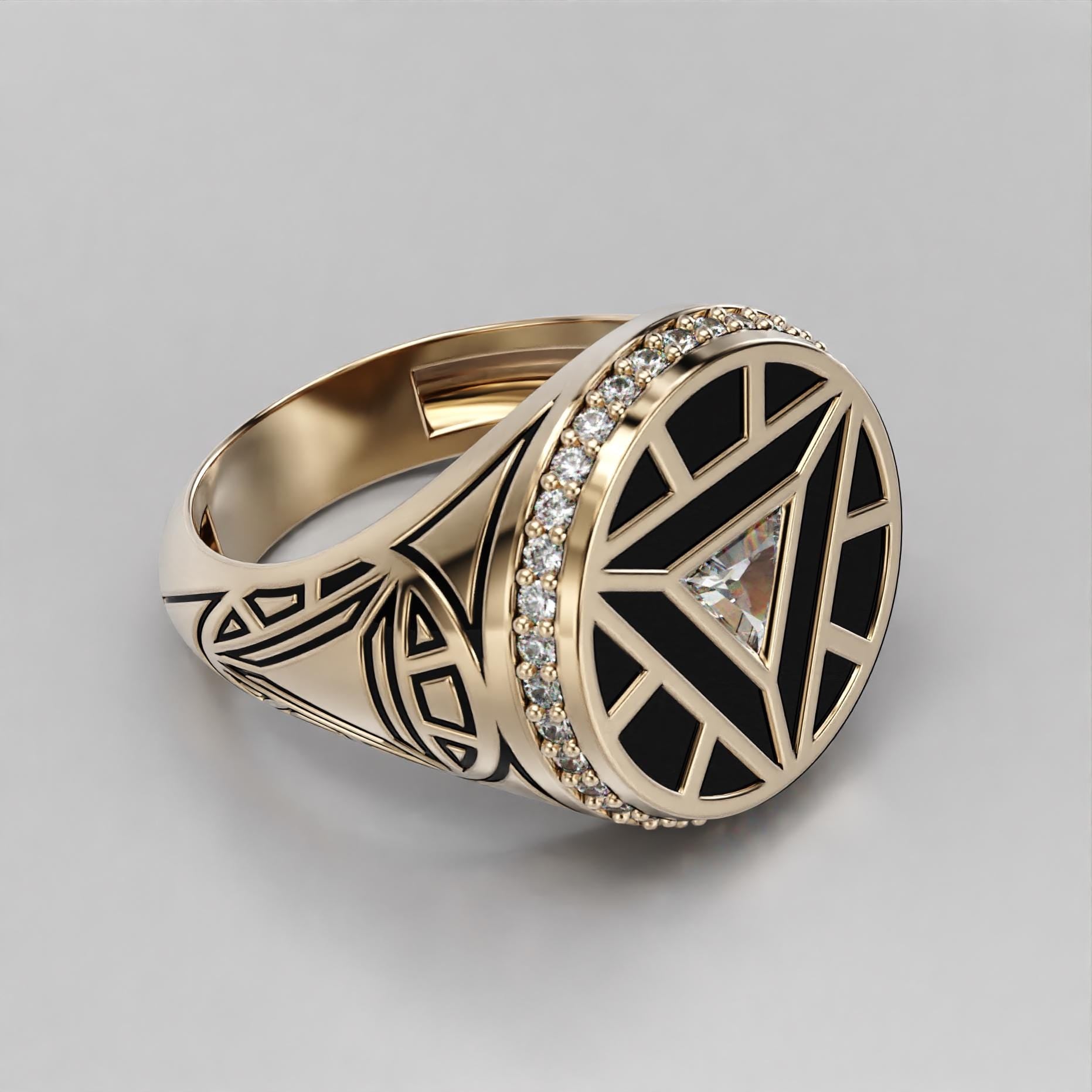 arc reactor signet ring with triangle stone, halo and black enamel, photo 4