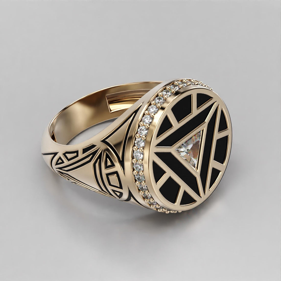 arc reactor signet ring with triangle stone, halo and black enamel, photo 4