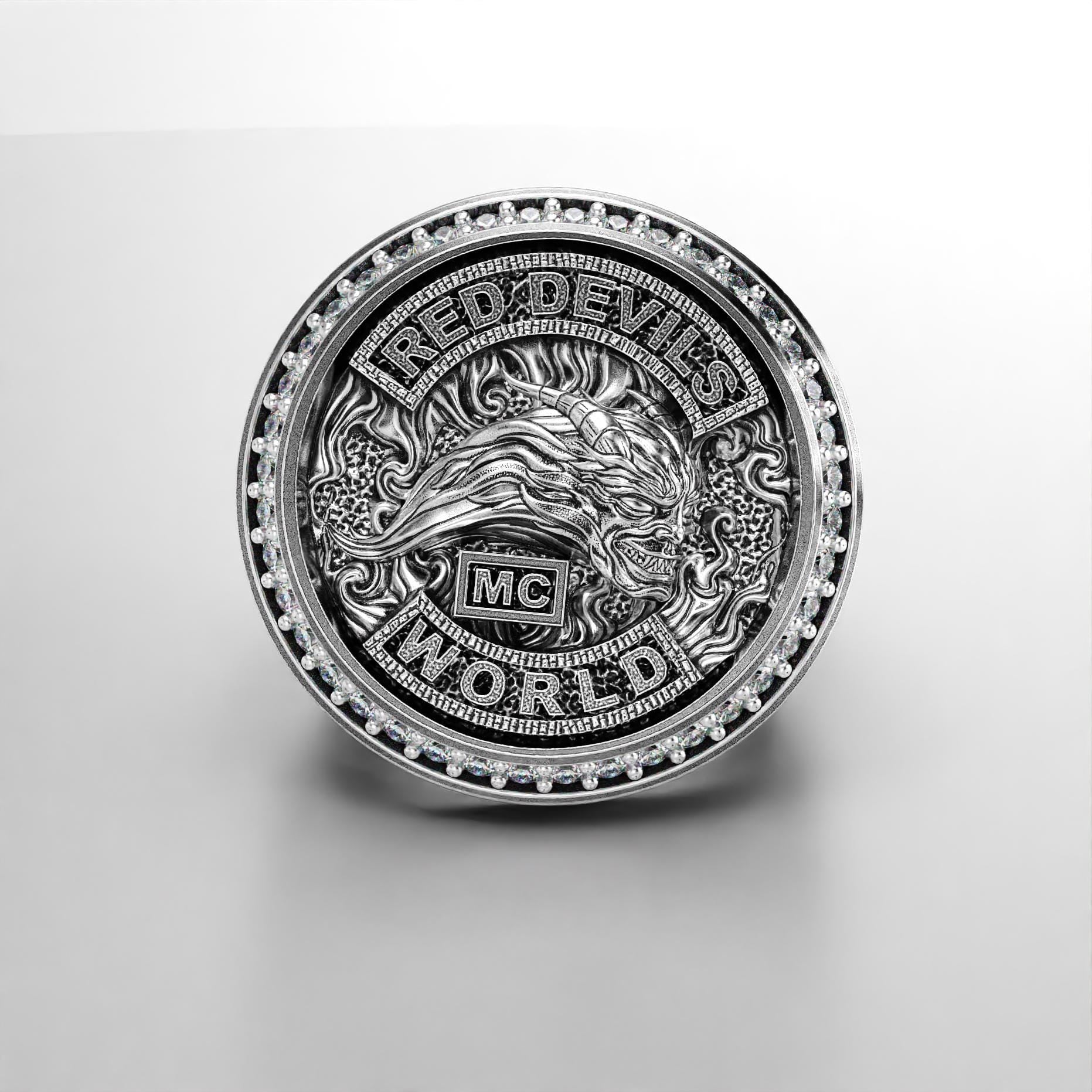 sterling silver biker signet ring with a sparkling stone halo, photo 2