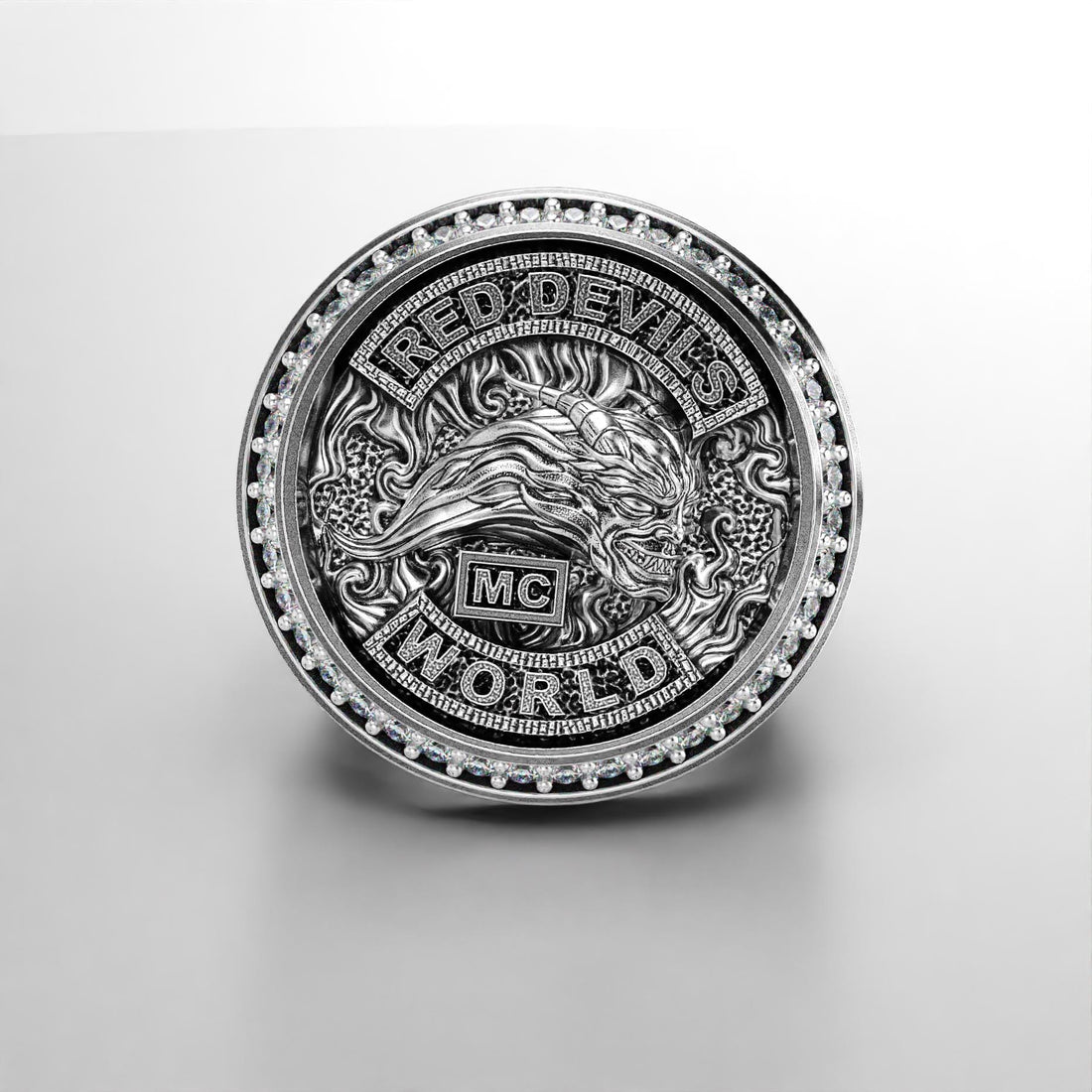 sterling silver biker signet ring with a sparkling stone halo, photo 2