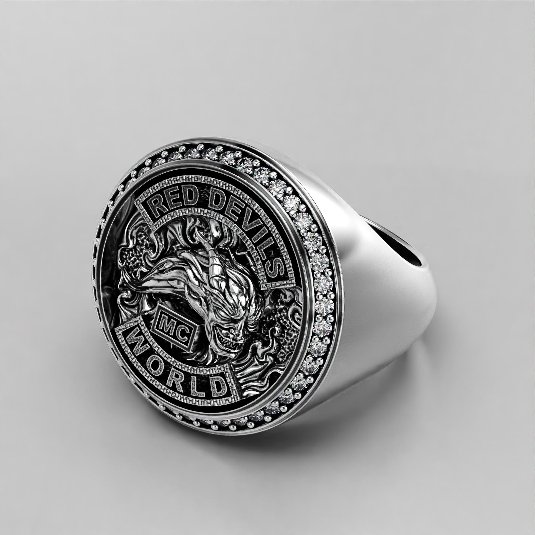 sterling silver biker signet ring with a sparkling stone halo, photo 4