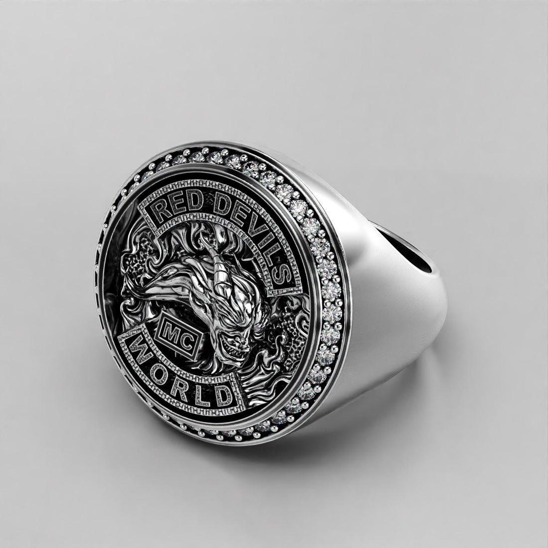 sterling silver biker signet ring with a sparkling stone halo, photo 4