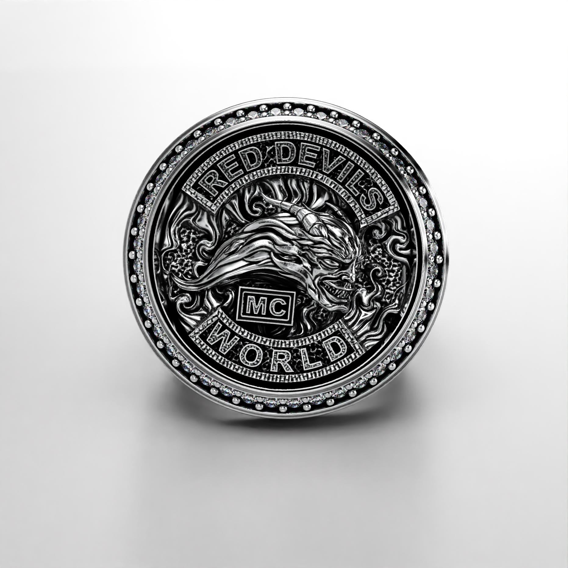 sterling silver biker signet ring with a sparkling stone halo, photo 3
