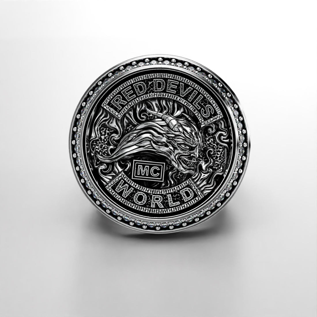 sterling silver biker signet ring with a sparkling stone halo, photo 3