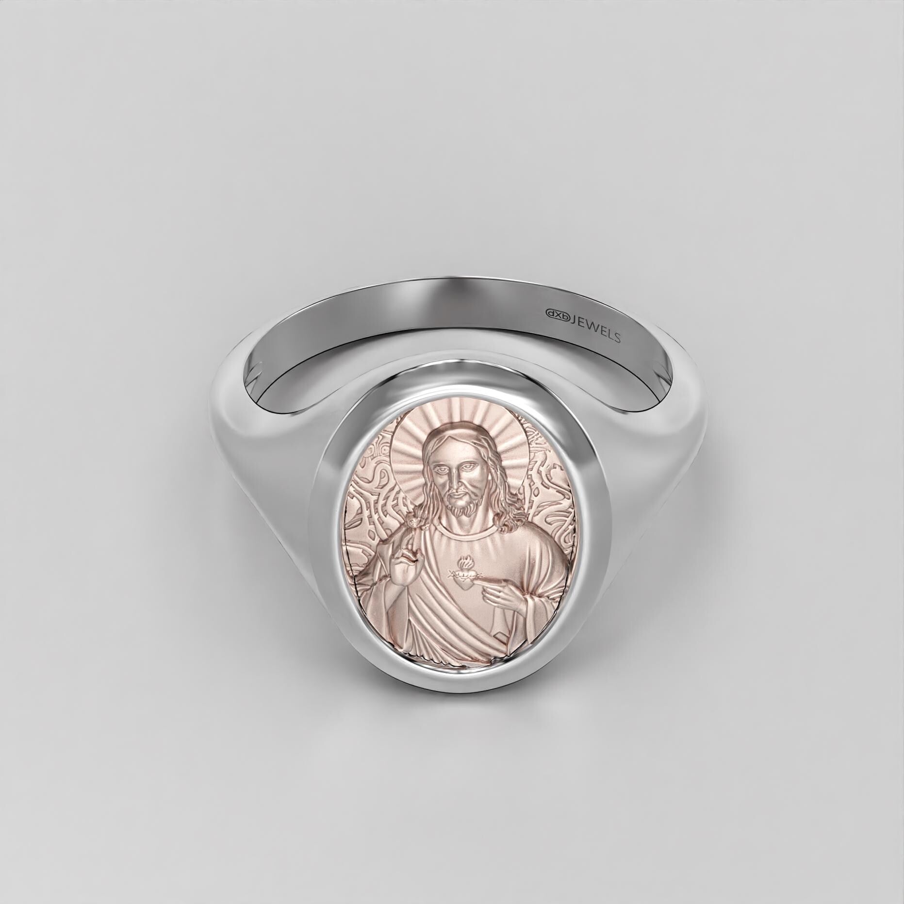 sacred heart of jesus signet ring, two-tone gold and silver, photo 2