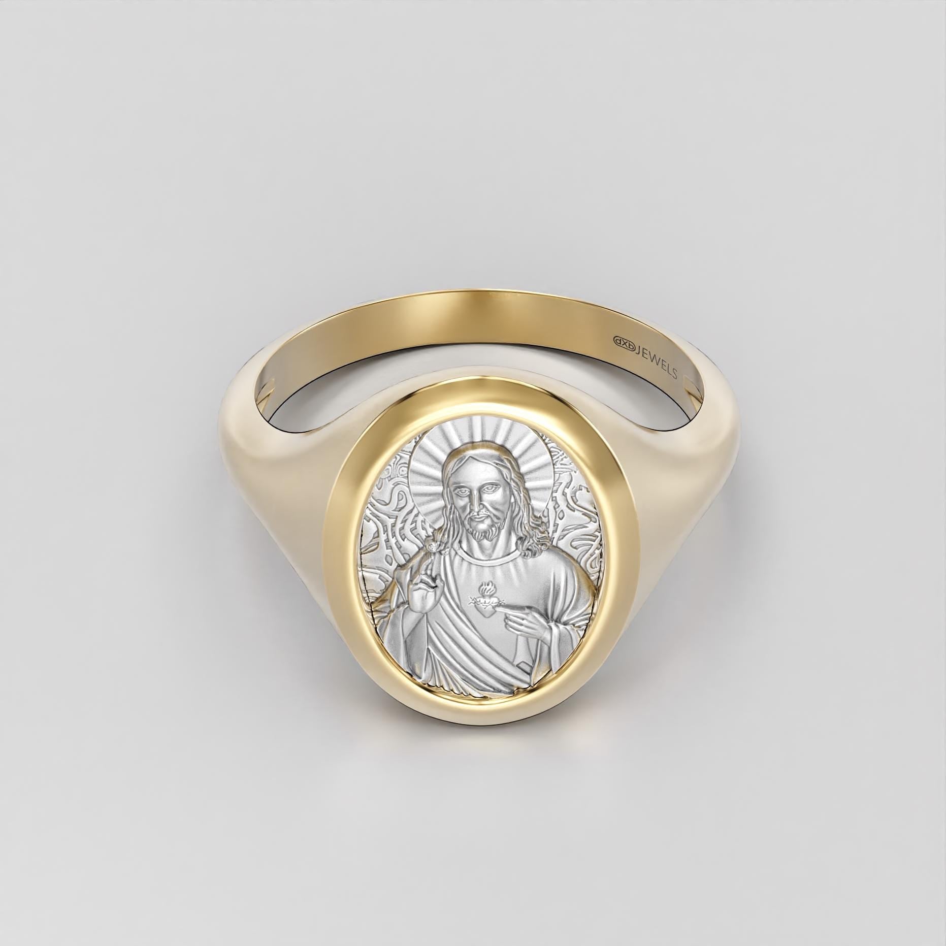 sacred heart of jesus signet ring, two-tone gold and silver, photo 5