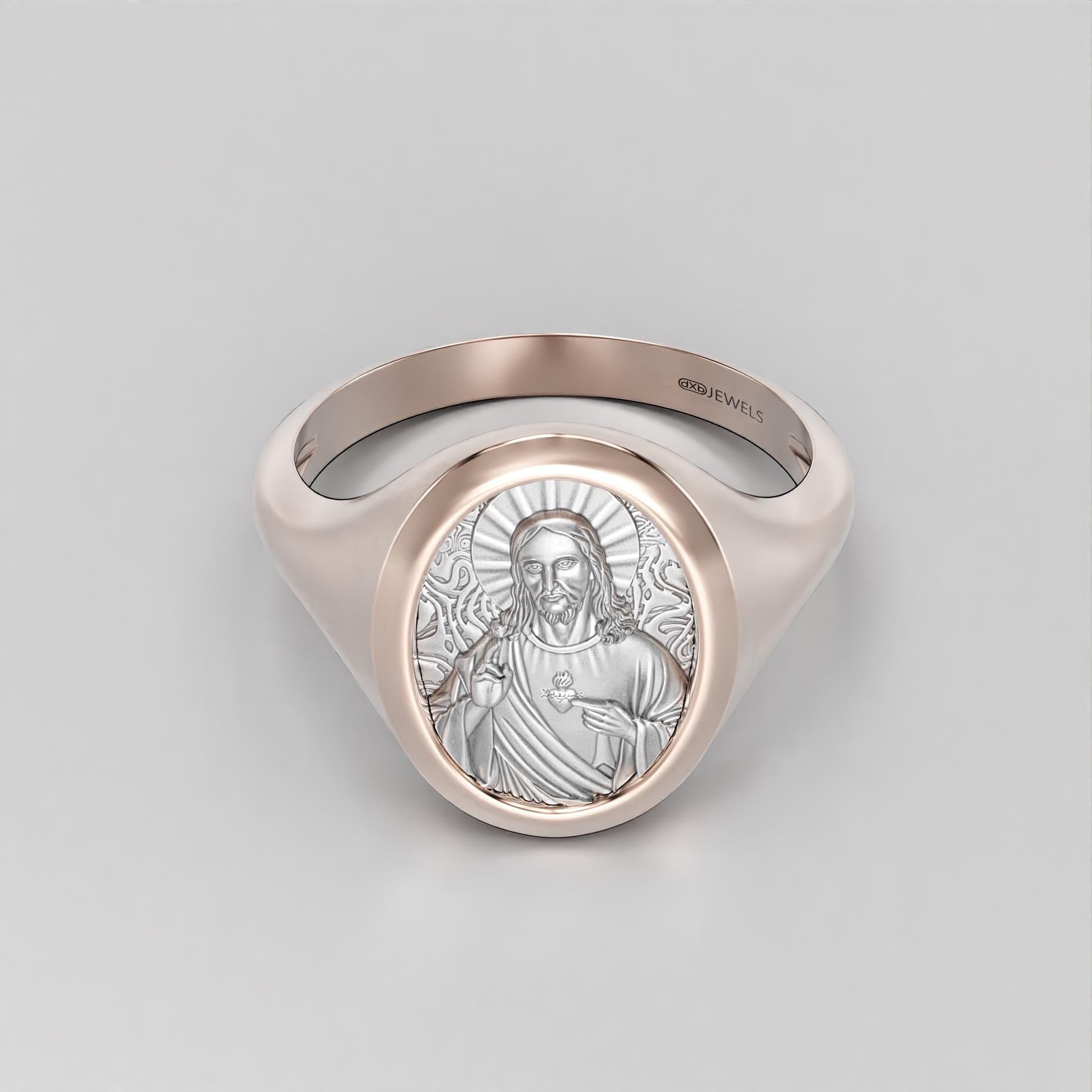 sacred heart of jesus signet ring, two-tone gold and silver, photo 4