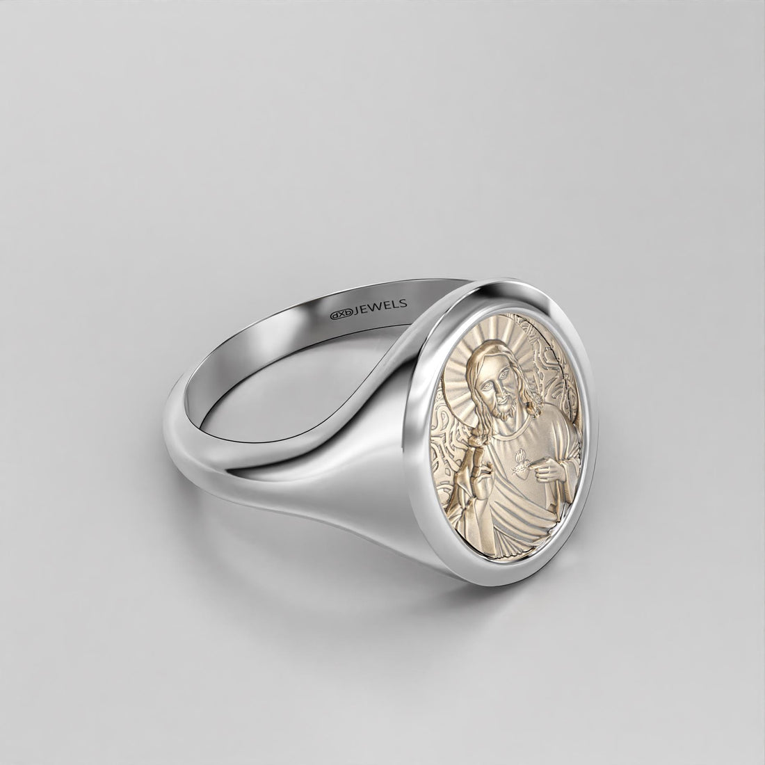 sacred heart of jesus signet ring, two-tone gold and silver, photo 1