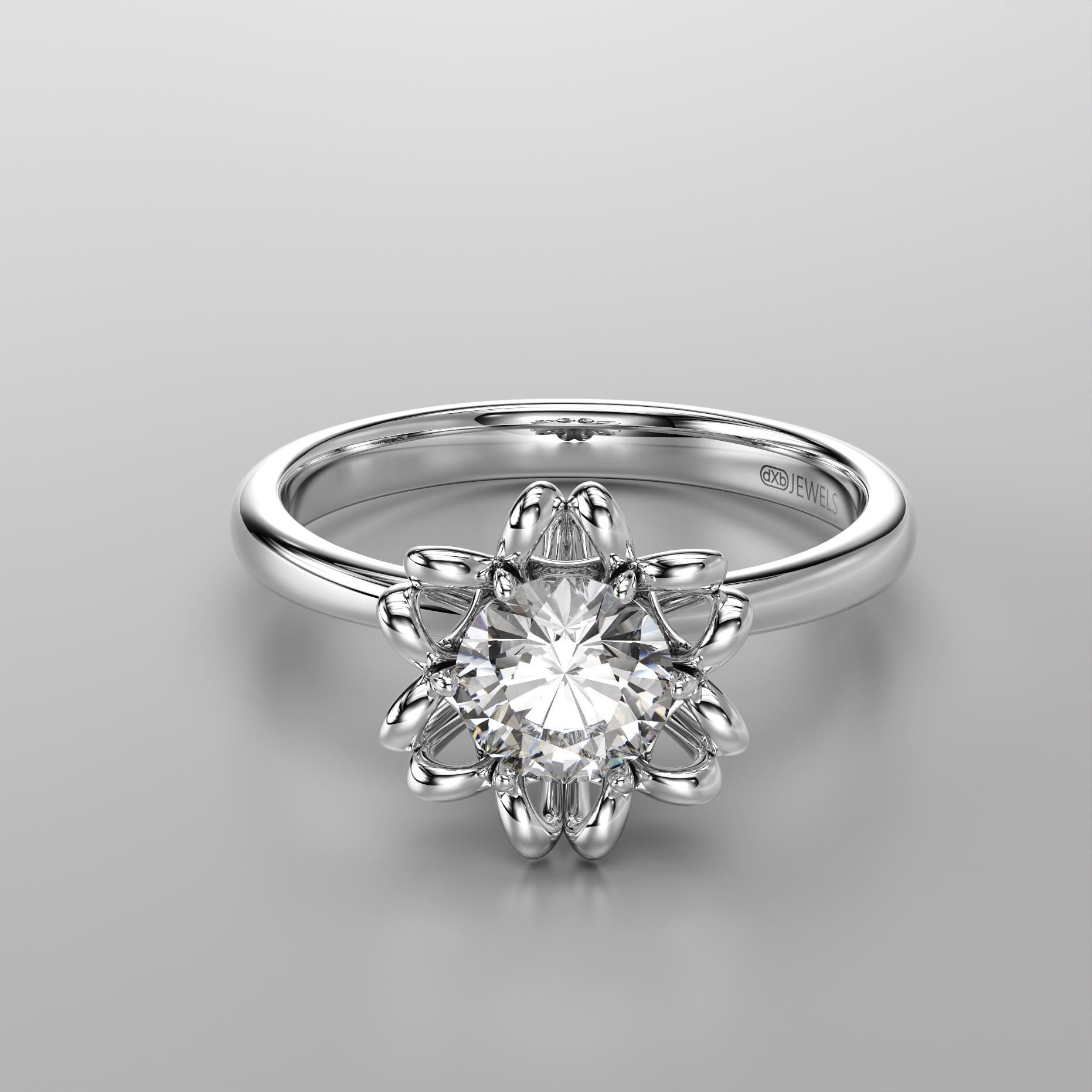 modern flower engagement ring with a stone center, photo 3