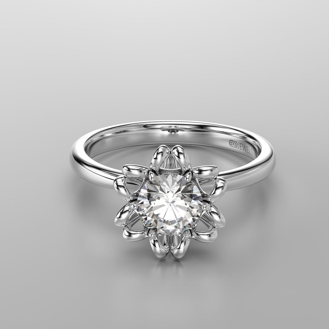 modern flower engagement ring with a stone center, photo 3