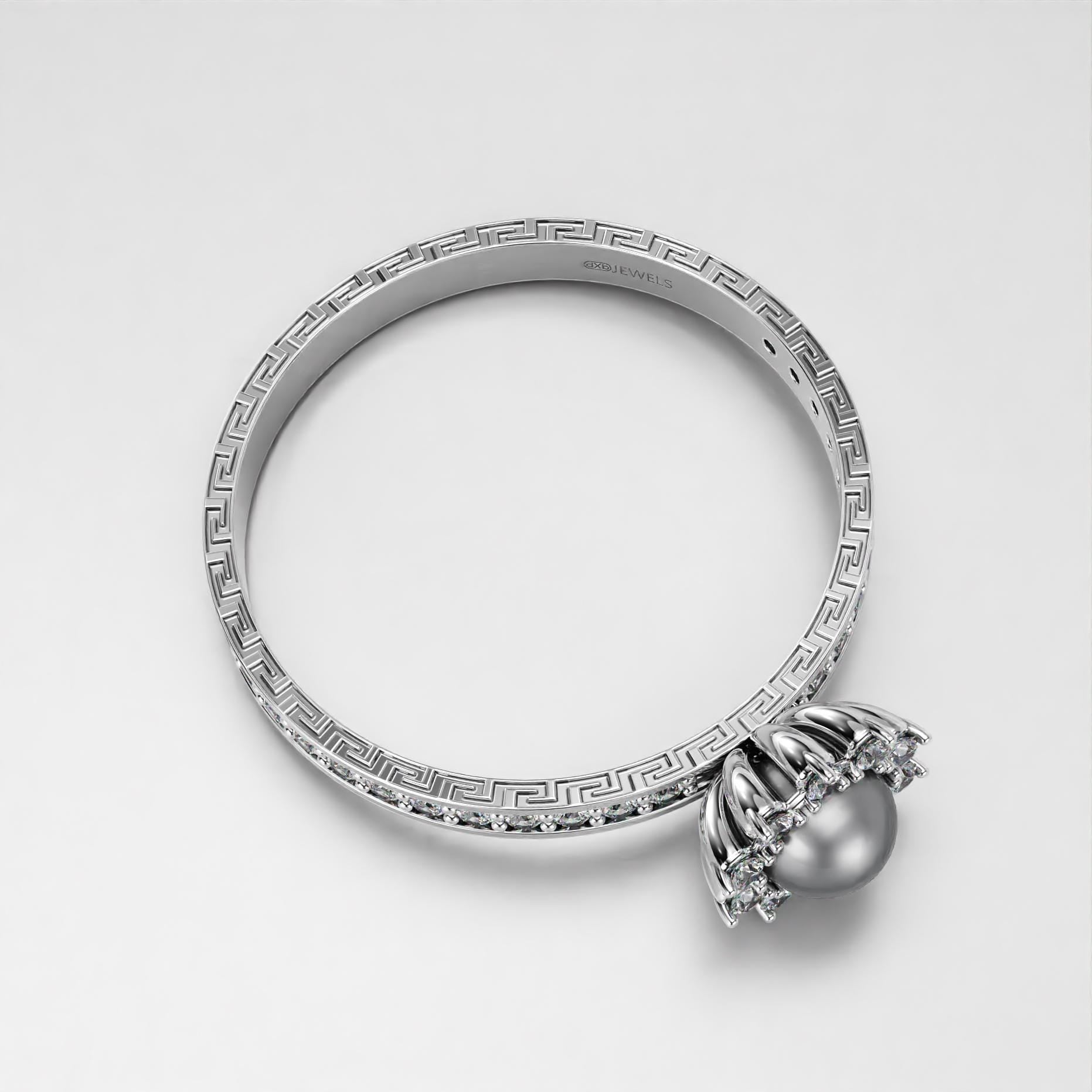 pearl wedding ring with greek key motif in gold, photo 4