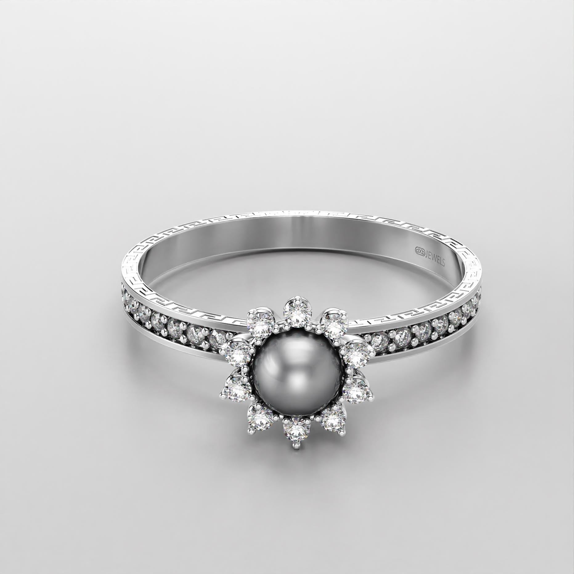 pearl wedding ring with greek key motif in gold, photo 5