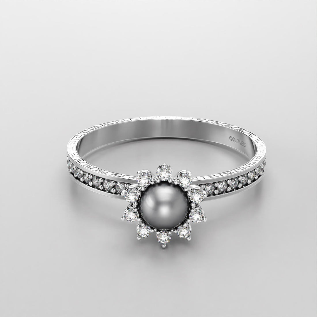 pearl wedding ring with greek key motif in gold, photo 5
