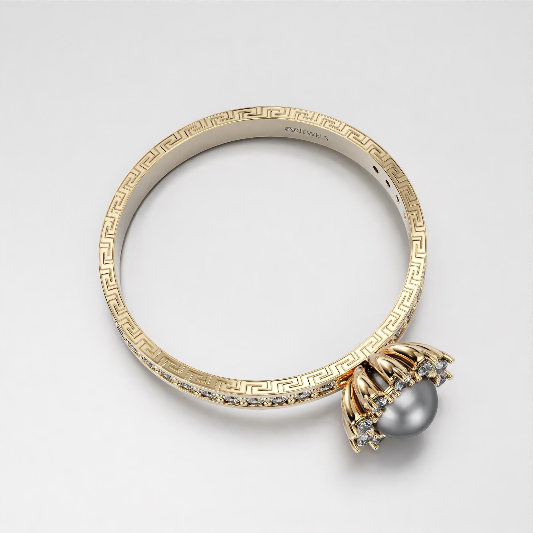 pearl wedding ring with greek key motif in gold, photo 8