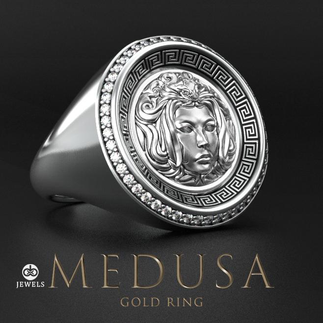 medusa two-tone gold signet ring with black enamel and greek key motif, photo 6