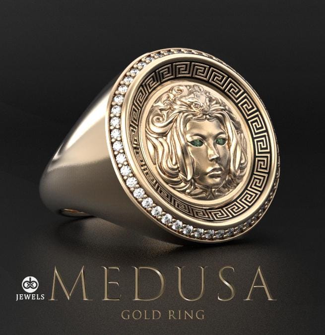 medusa two-tone gold signet ring with black enamel and greek key motif, photo 9