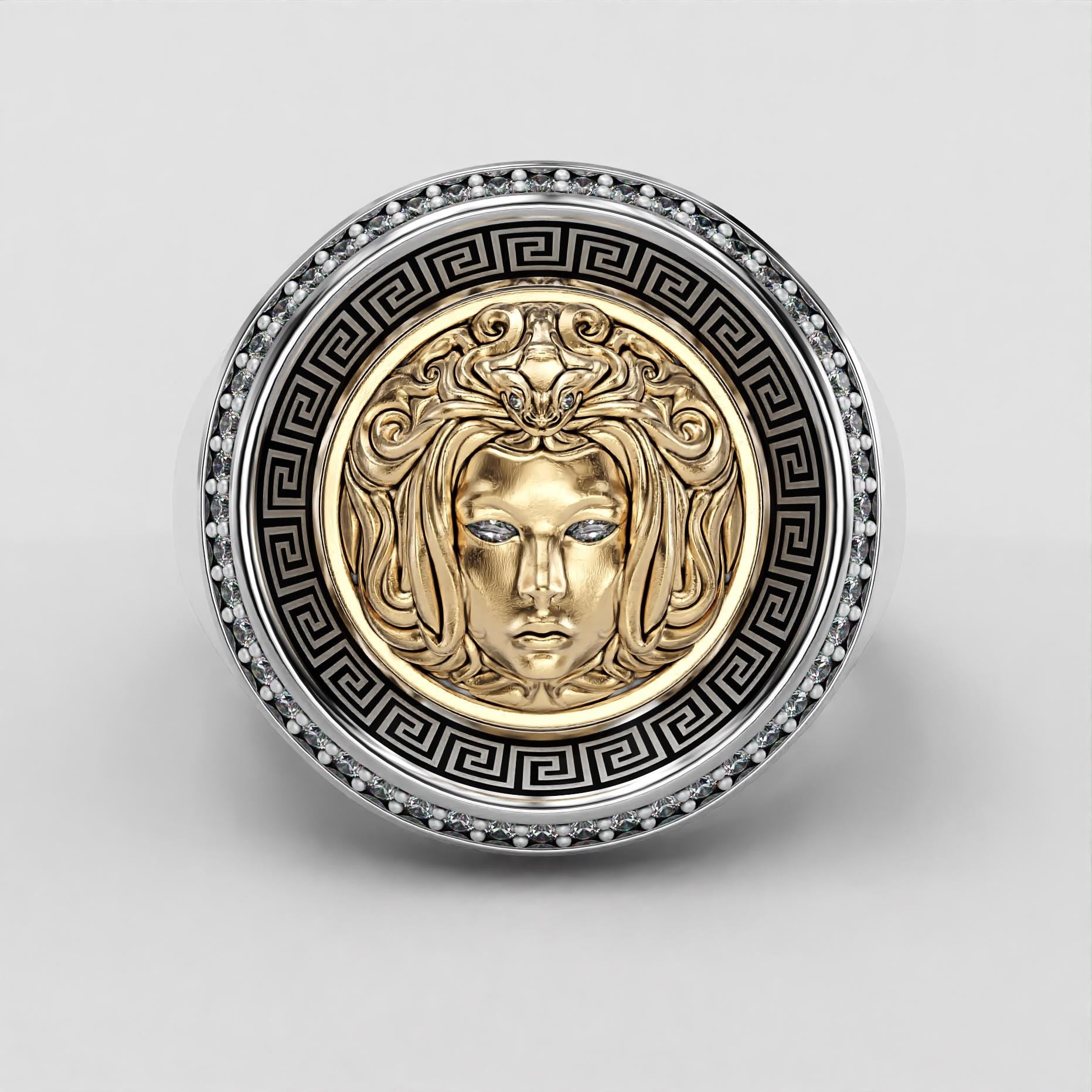 medusa two-tone gold signet ring with black enamel and greek key motif, photo 4