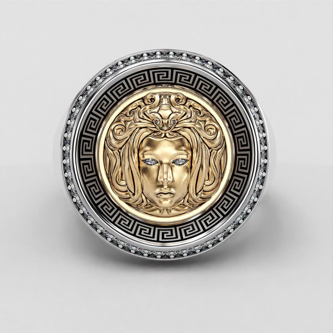 medusa two-tone gold signet ring with black enamel and greek key motif, photo 4
