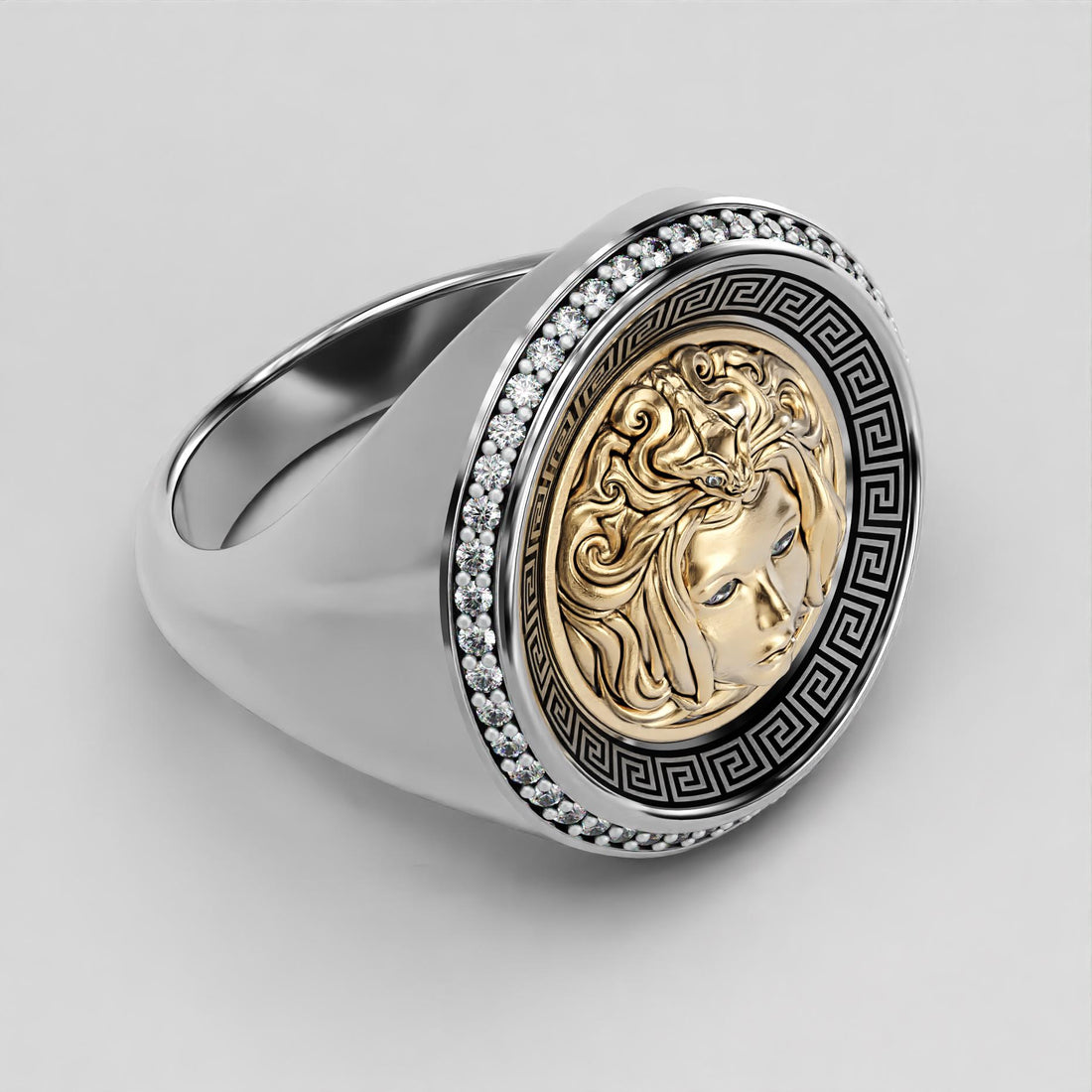 medusa two-tone gold signet ring with black enamel and greek key motif, photo 3