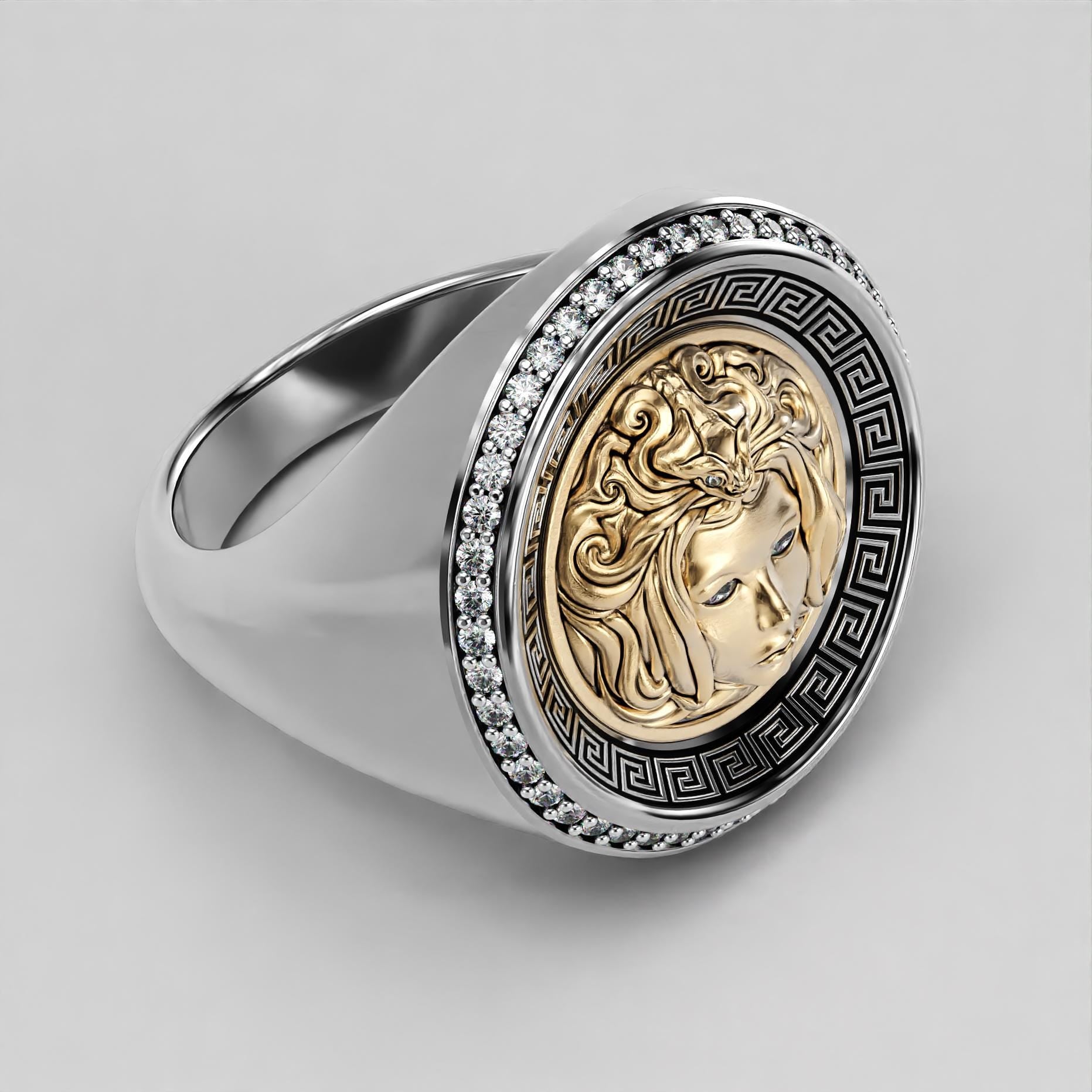 medusa two-tone gold signet ring with black enamel and greek key motif, photo 1