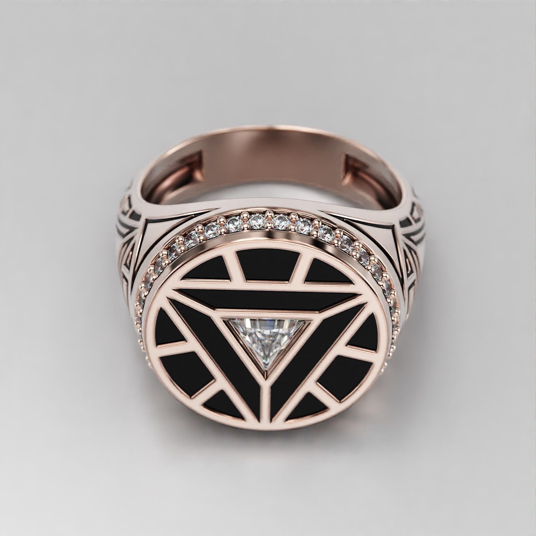 arc reactor signet ring with triangle stone, halo and black enamel, photo 7
