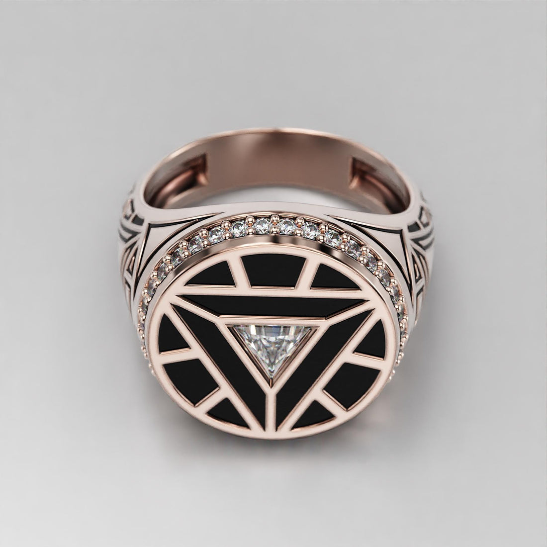 arc reactor signet ring with triangle stone, halo and black enamel, photo 7