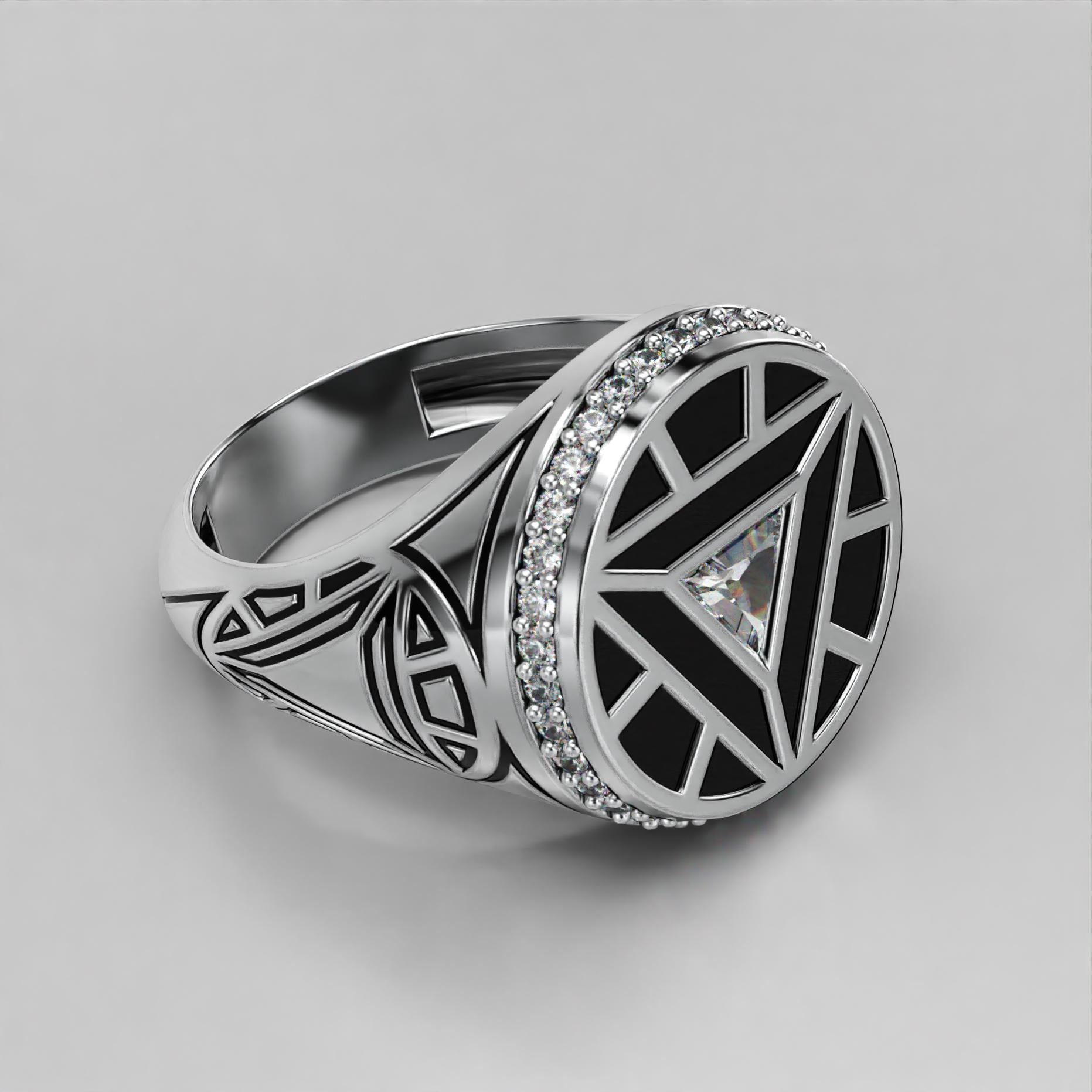 arc reactor signet ring with triangle stone, halo and black enamel, photo 1