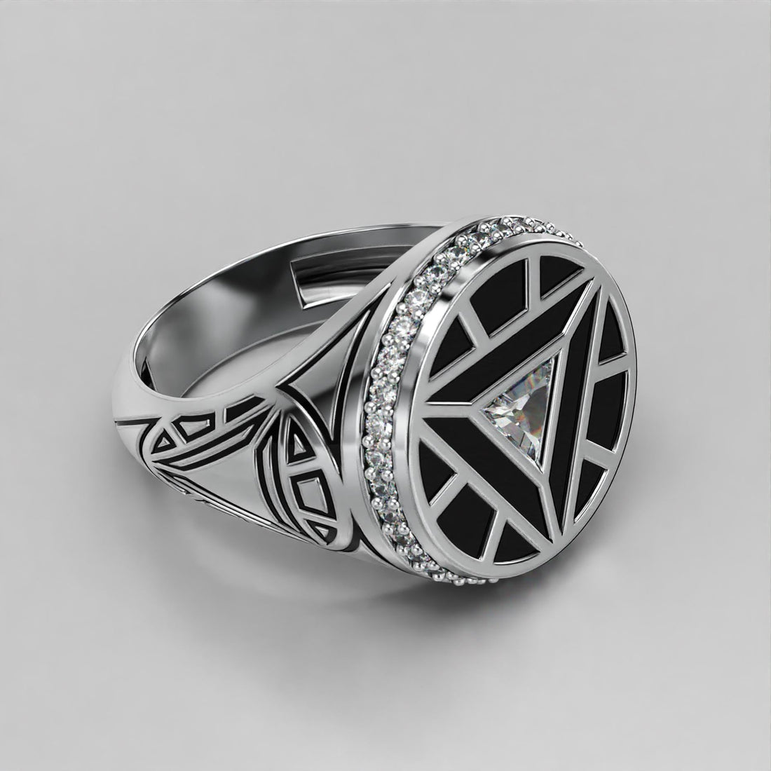 arc reactor signet ring with triangle stone, halo and black enamel, photo 1