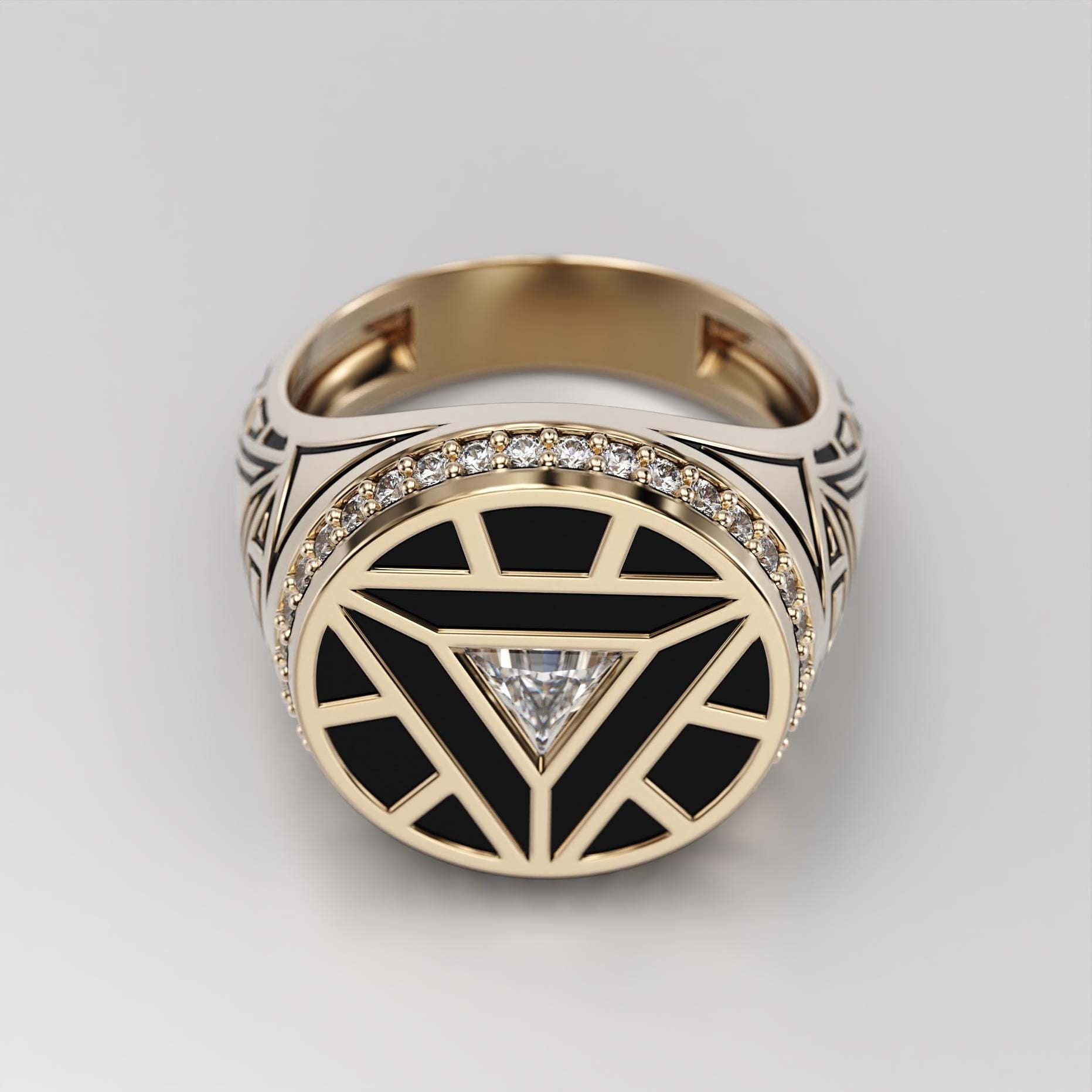arc reactor signet ring with triangle stone, halo and black enamel, photo 5