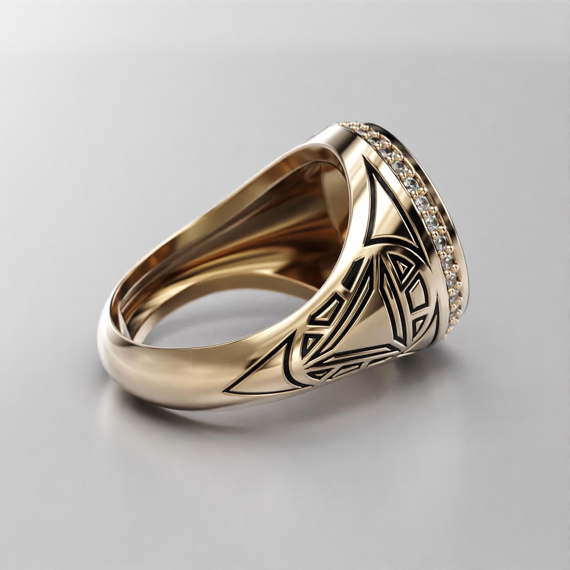 arc reactor signet ring with triangle stone, halo and black enamel, photo 6