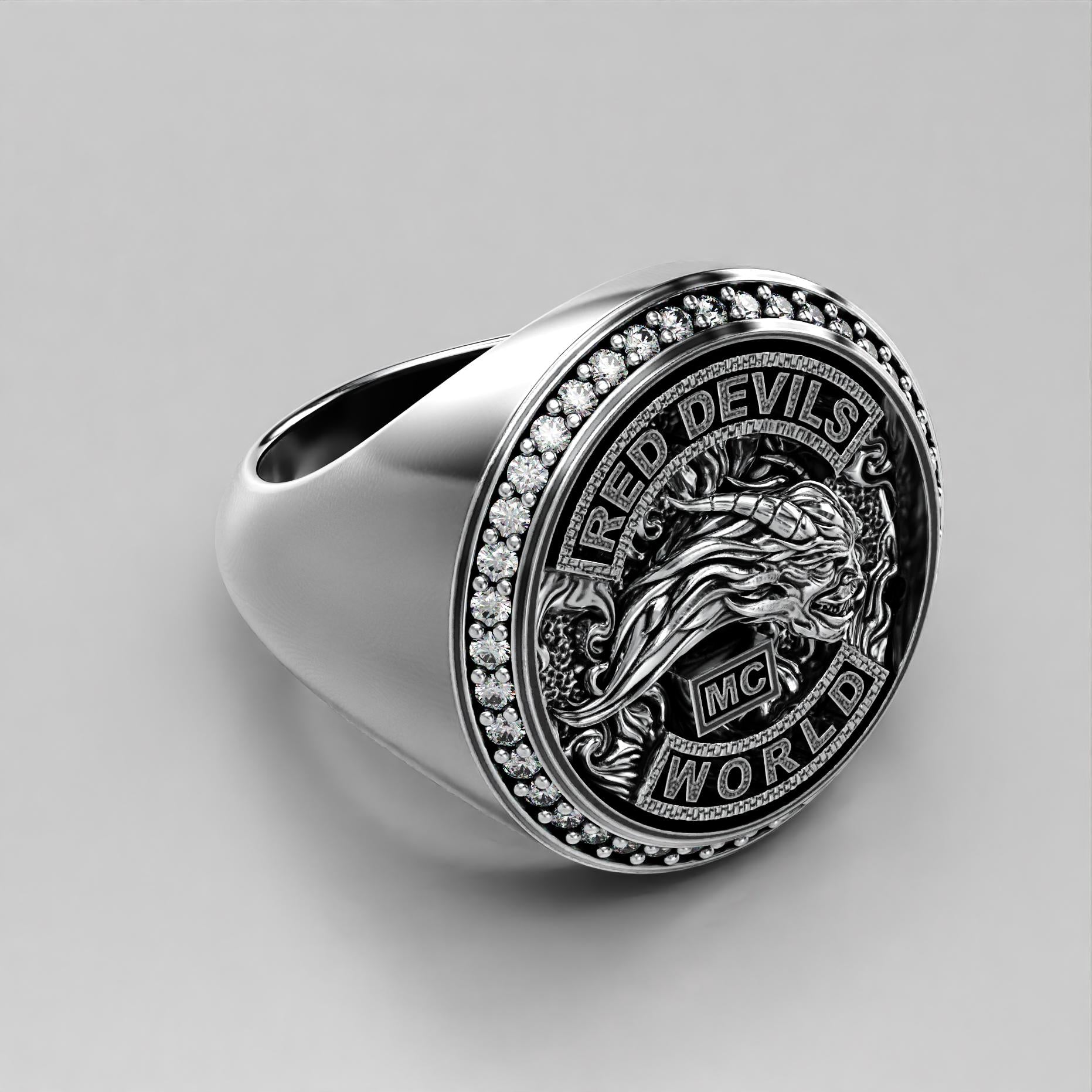sterling silver biker signet ring with a sparkling stone halo, photo 1