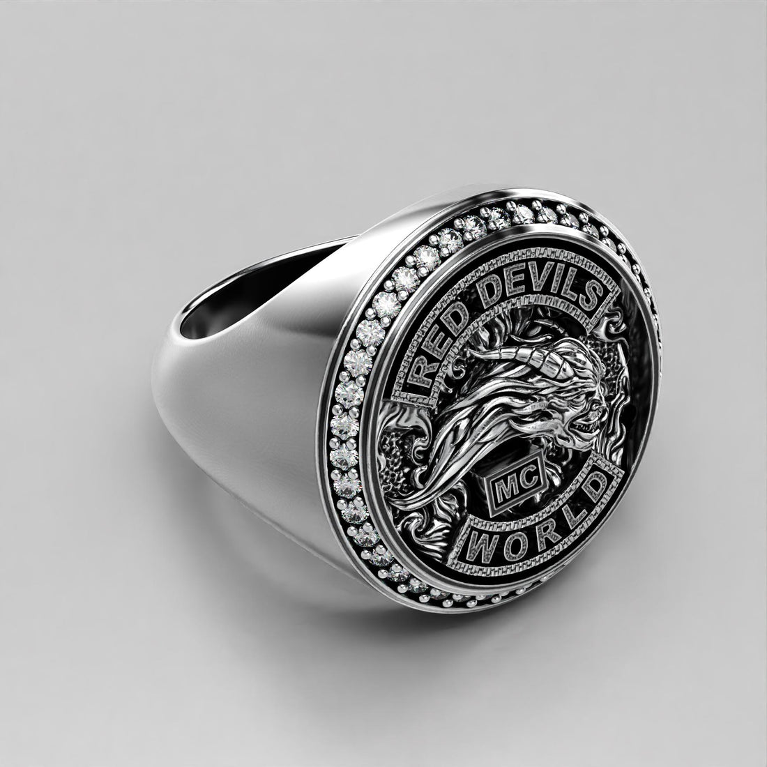 sterling silver biker signet ring with a sparkling stone halo, photo 1