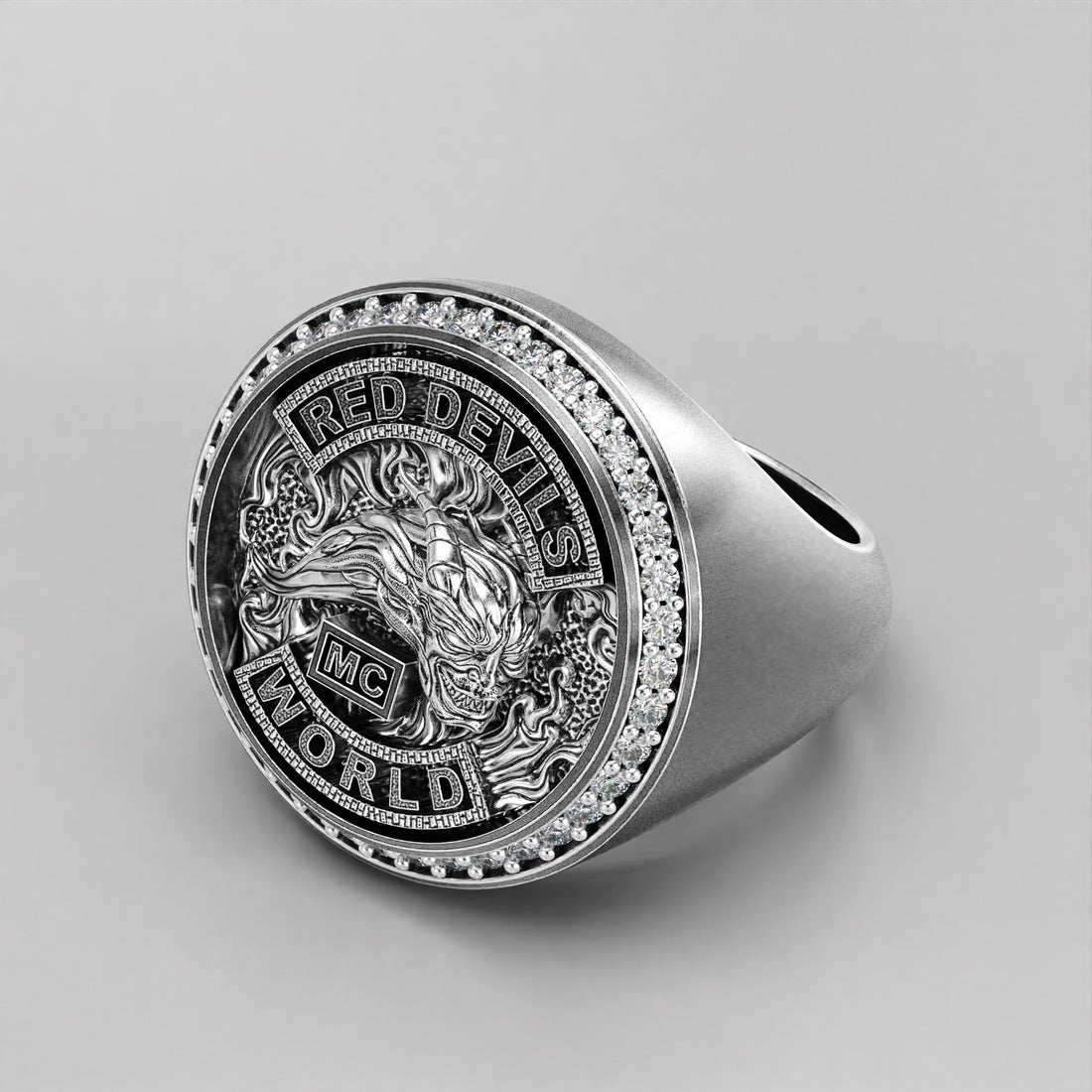 sterling silver biker signet ring with a sparkling stone halo, photo 6