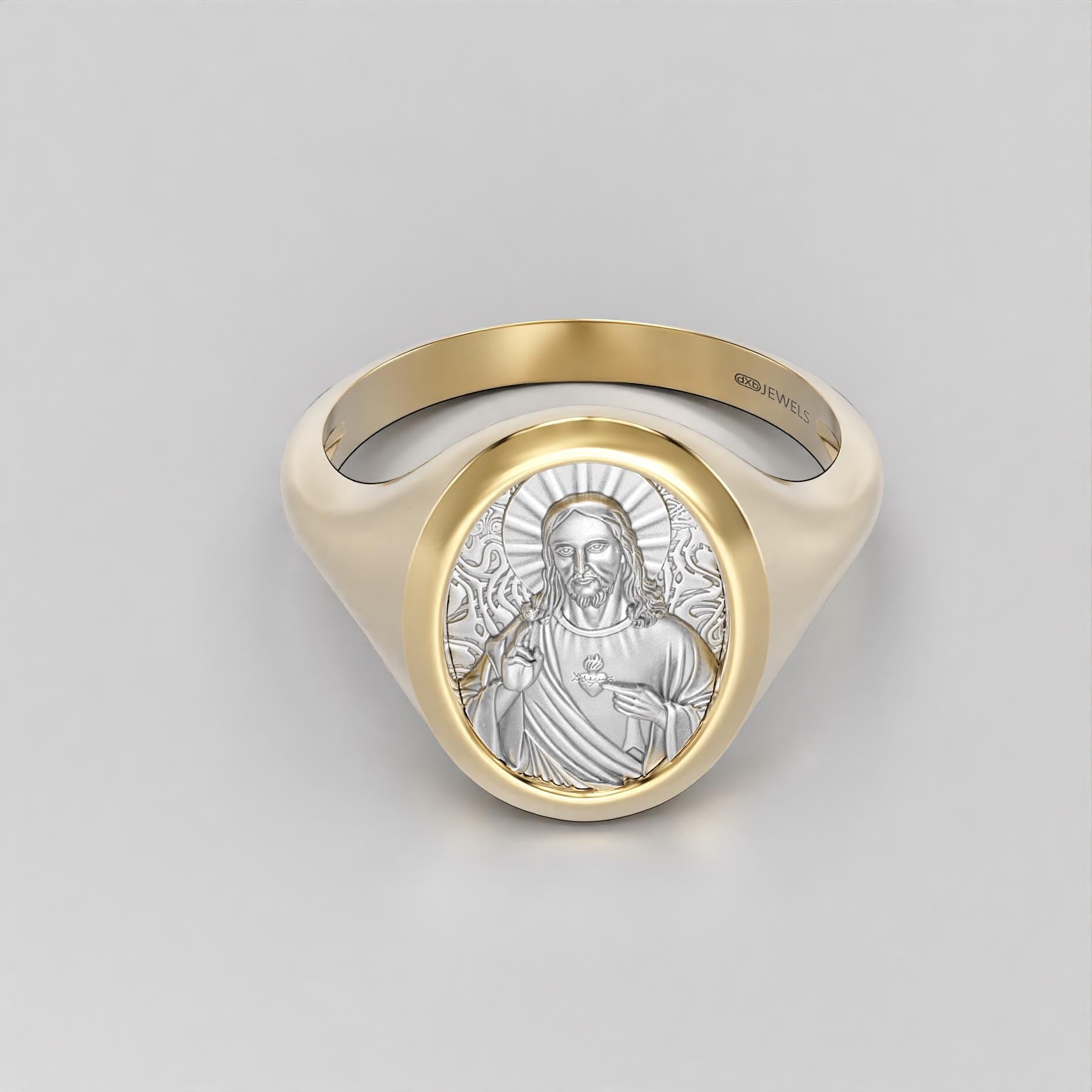 sacred heart of jesus signet ring, two-tone gold and silver, photo 3