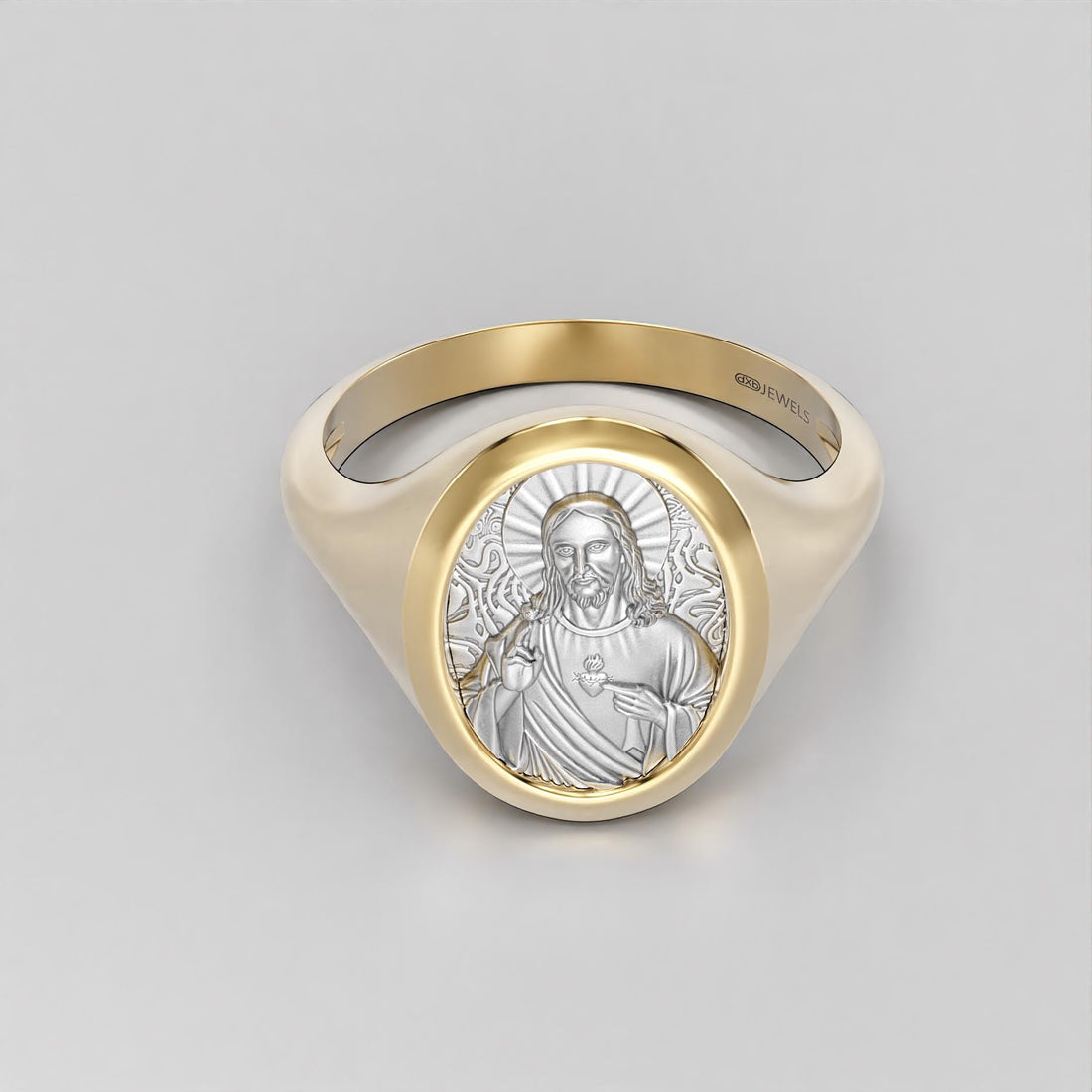 sacred heart of jesus signet ring, two-tone gold and silver, photo 3