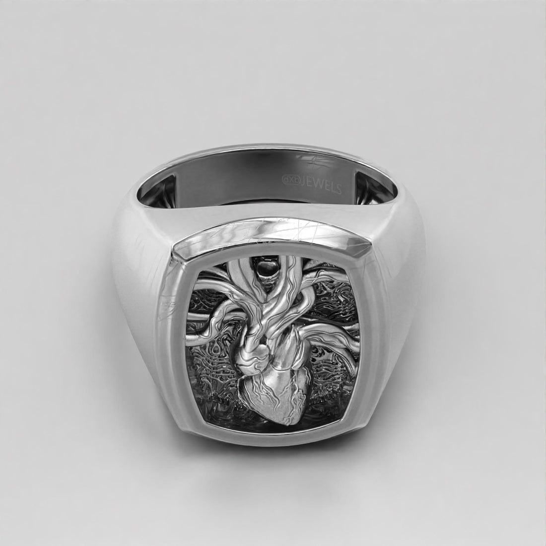 sterling silver anatomical heart signet ring, veined heart relief, photo 2