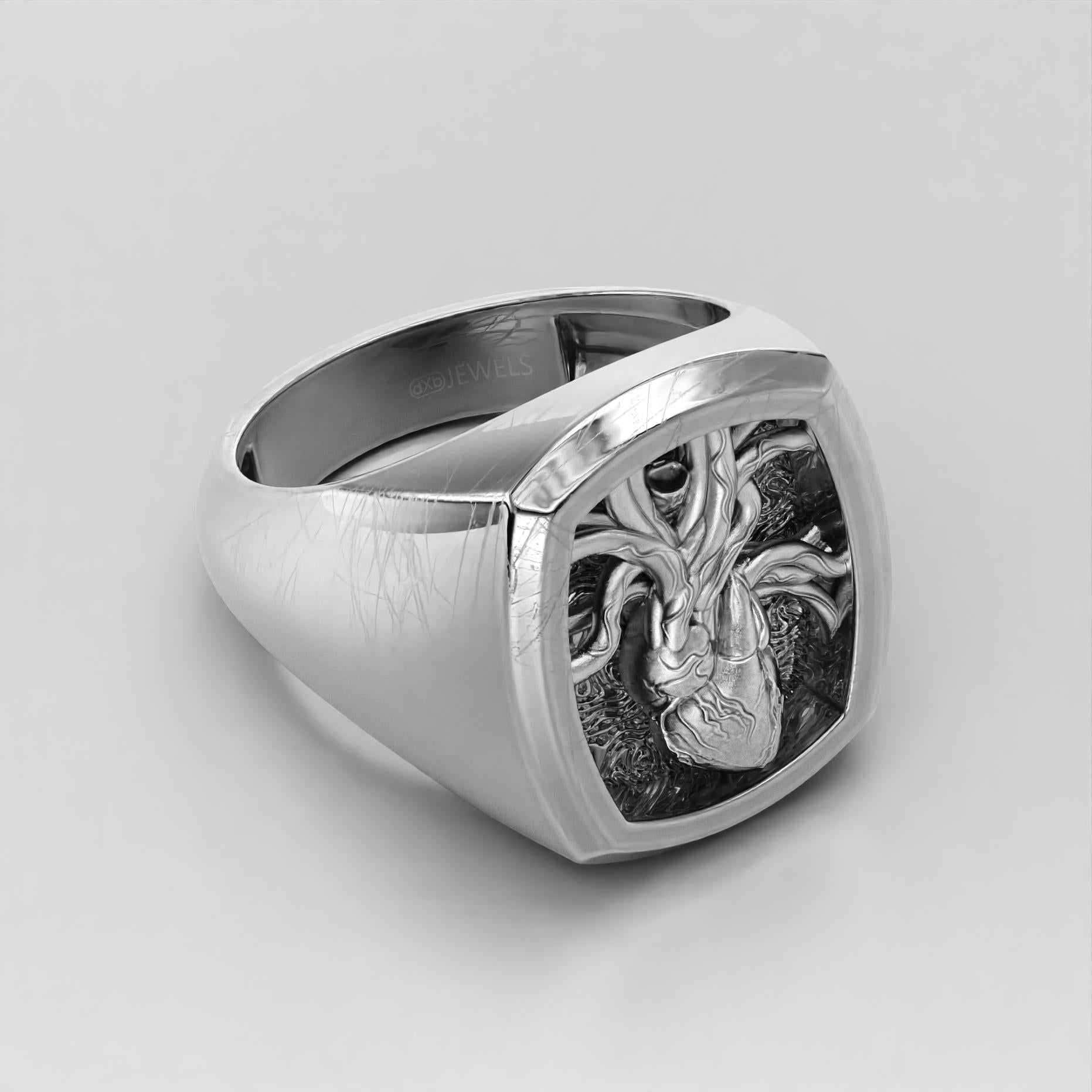 sterling silver anatomical heart signet ring, veined heart relief, photo 1