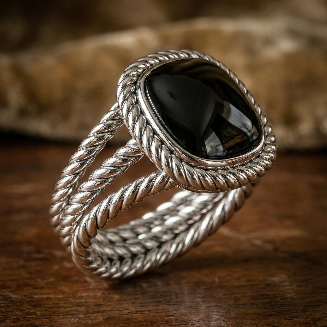 rope twist signet ring with black onyx in sterling silver, photo 8