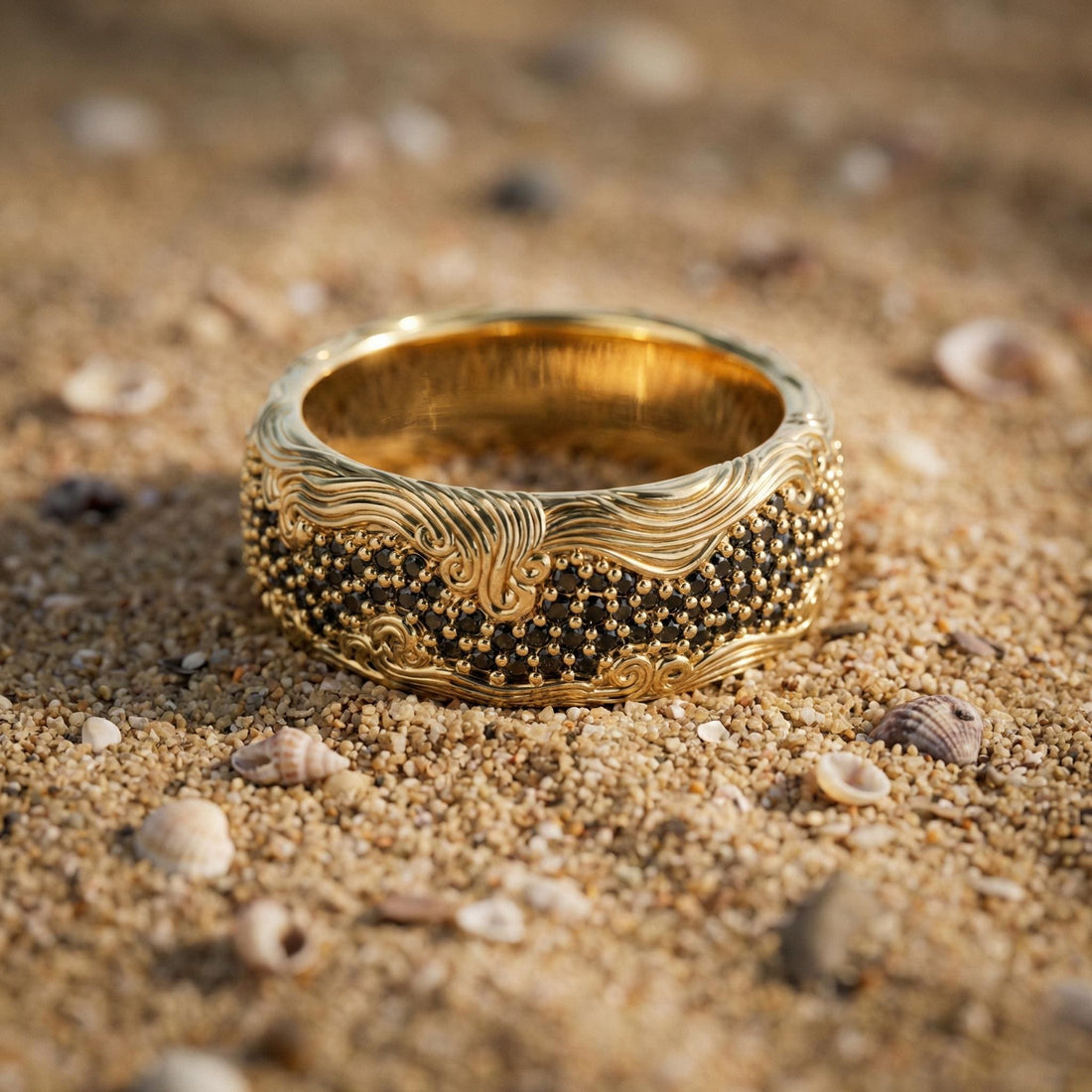 wave band ring with black pave, ocean wave design, photo 1