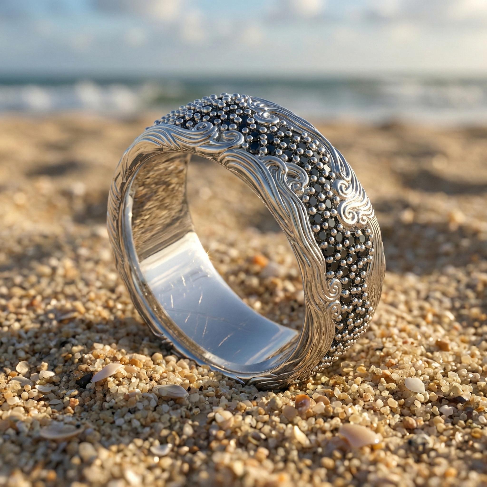 wave band ring with black pave, ocean wave design, photo 3