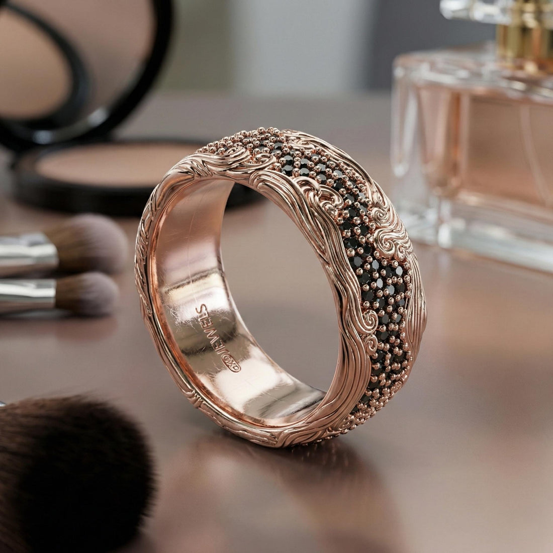 wave band ring with black pave, ocean wave design, photo 4